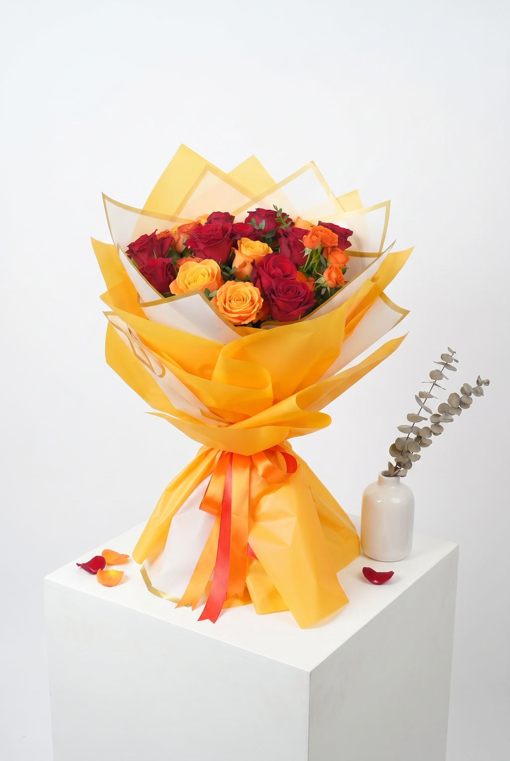 Sunset Glow Red & Orange Rose Bouquet