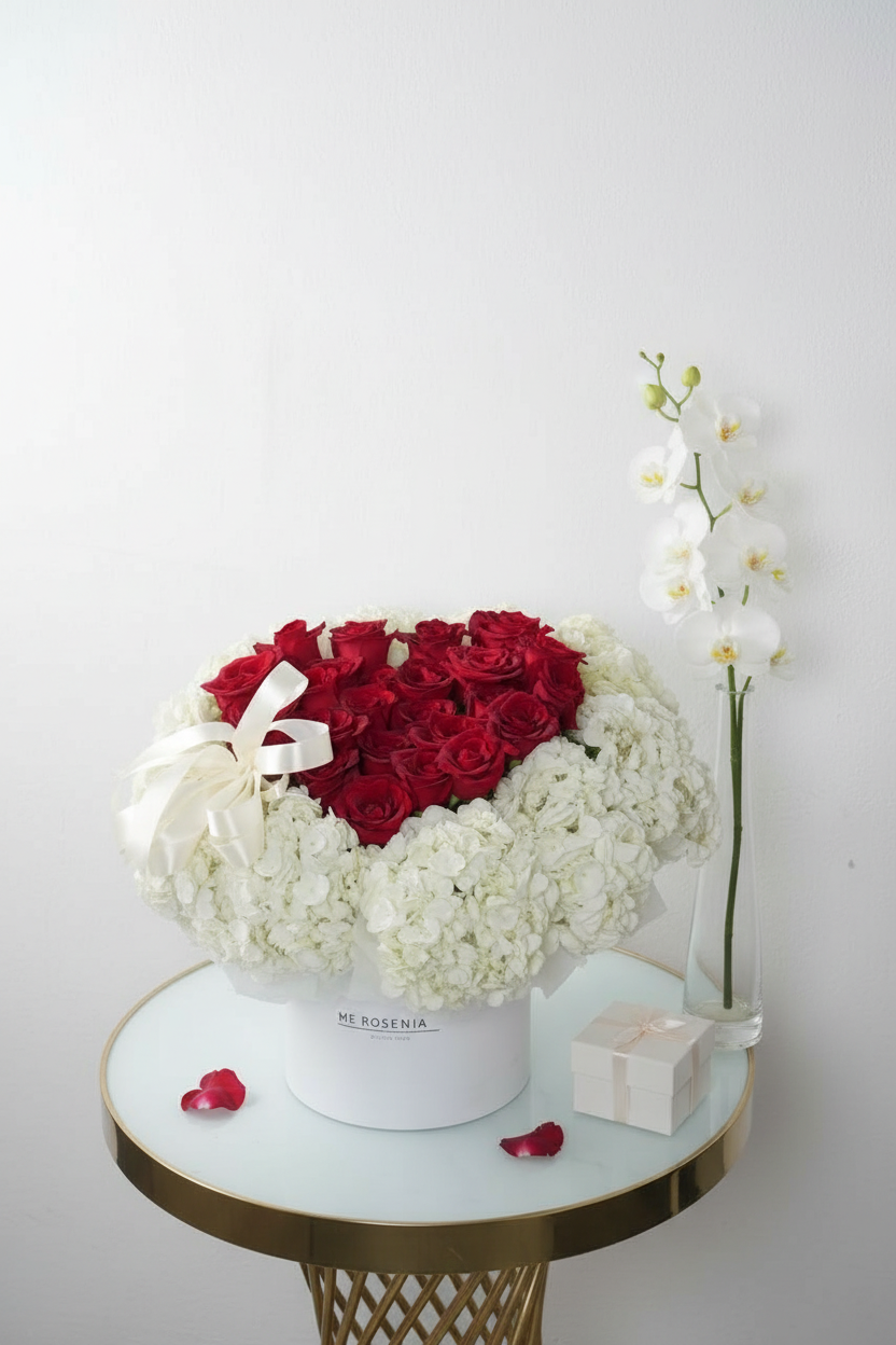 Red Rose & White Hydrangea Round Box Bouquet
