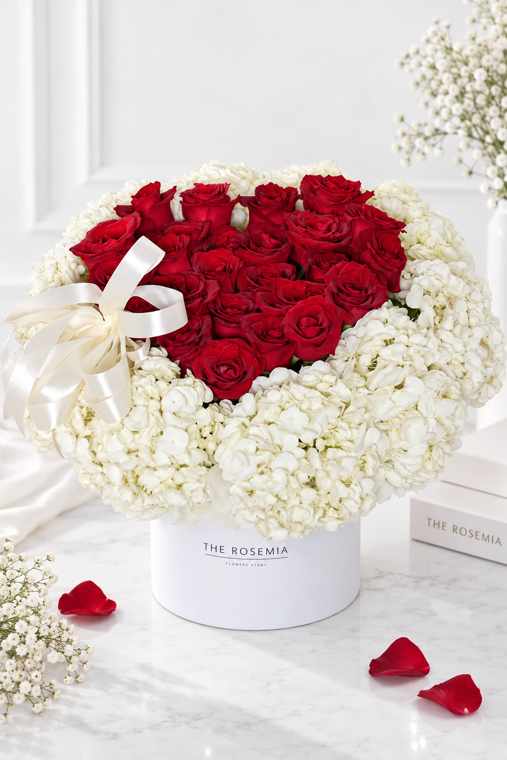 Red Rose & White Hydrangea Round Box Bouquet