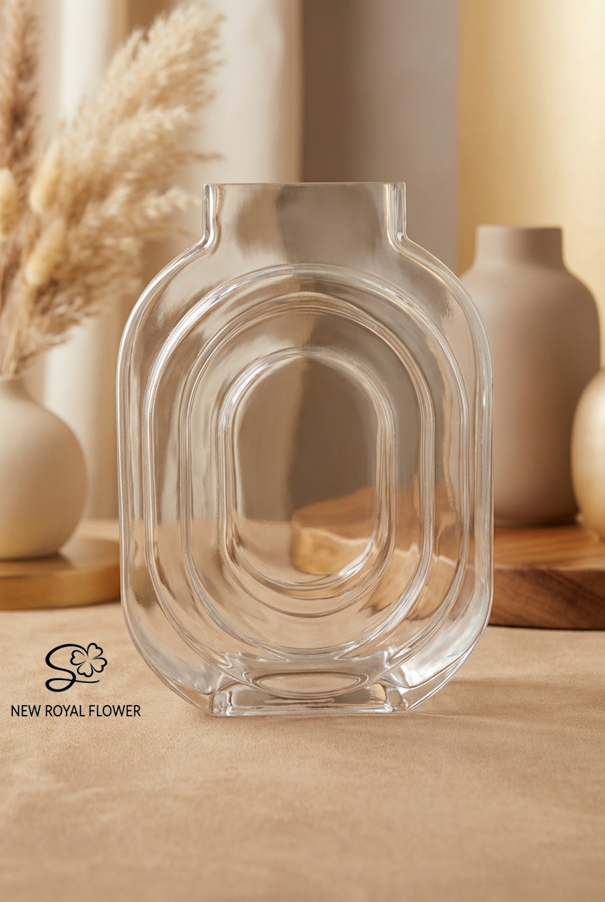 Concentric Oval Clear Glass Vase