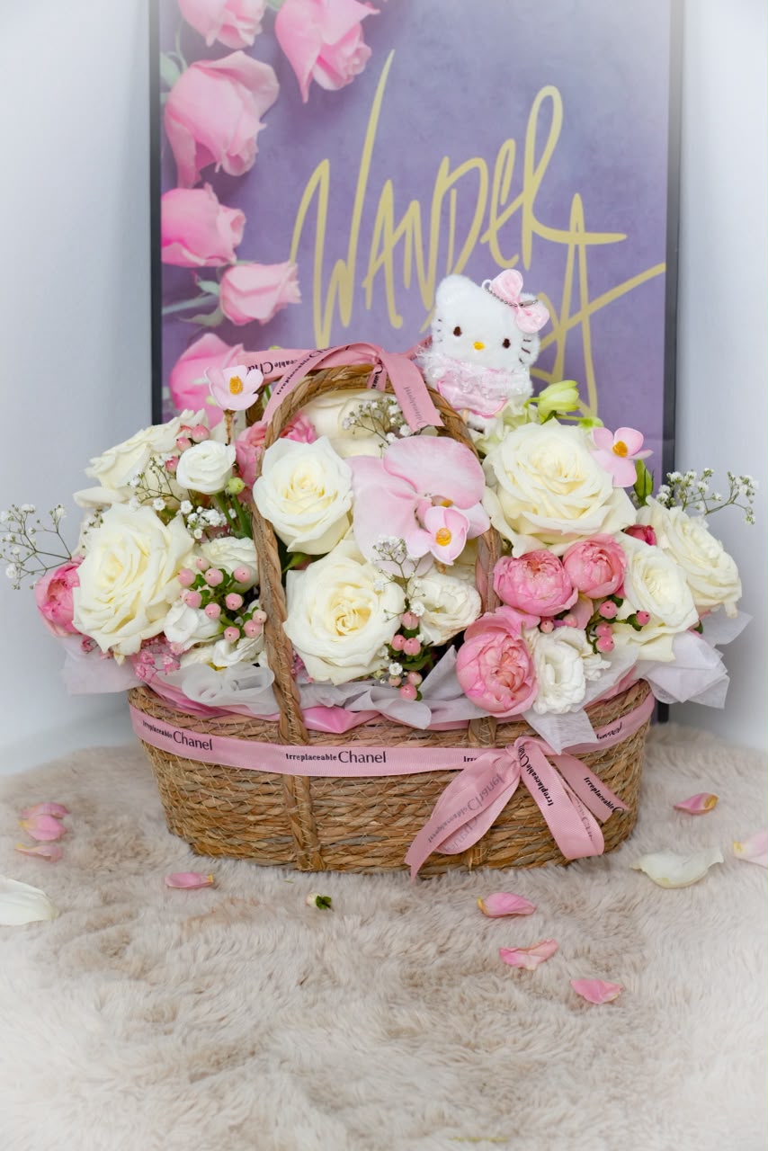 Hello Kitty Pink & White Mixed Flower Basket