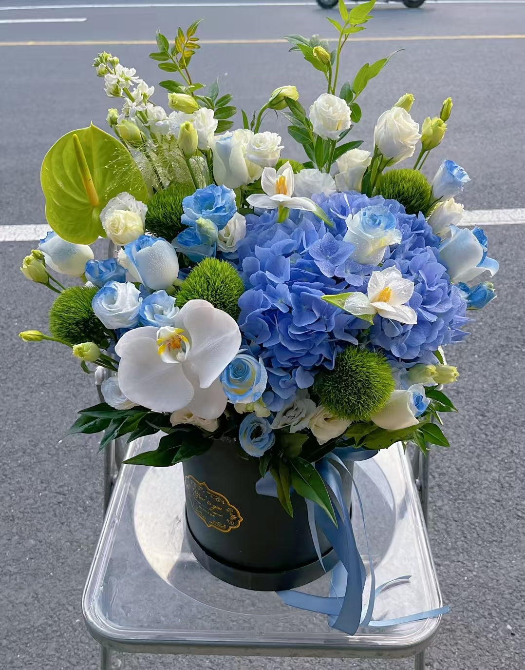 “Azure Serenity Hat Box Bouquet”